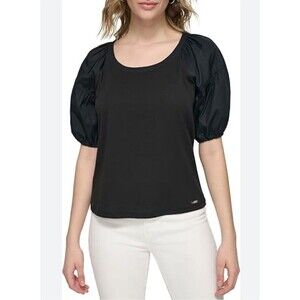 Calvin Klein Nylon Puff Sleeve Knit Top Blouse Black Women’s Size XL NWOT’s